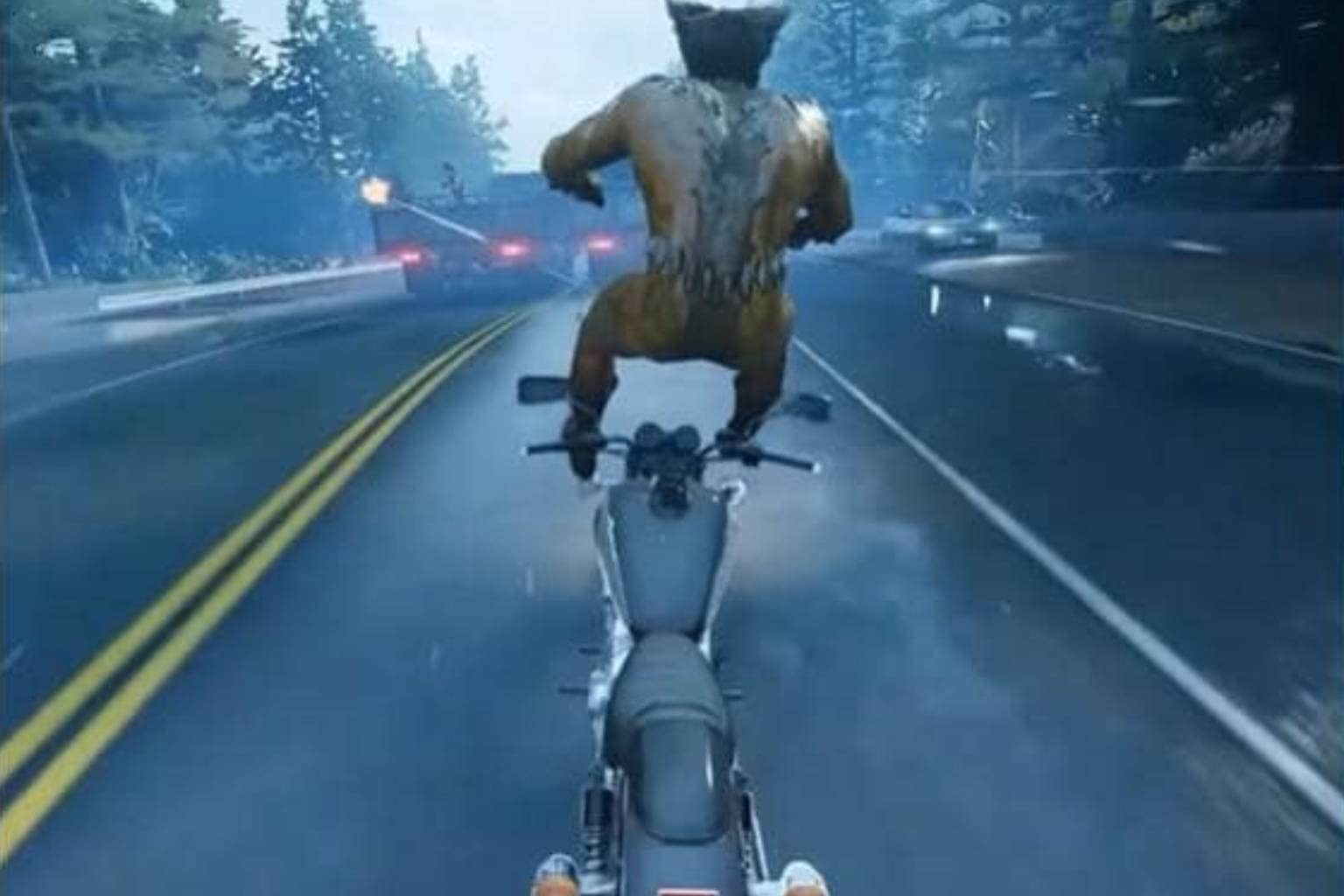 An explosive Marvel Wolverine memes collection capturing gaming discourse and release controversies, featuring a user review comparison between the 2009 classic and the PS5 release, Logan riding a motorcycle while standing glitchy on the handlebars, and Wojak weeping over excessive yellow paint guide markers.