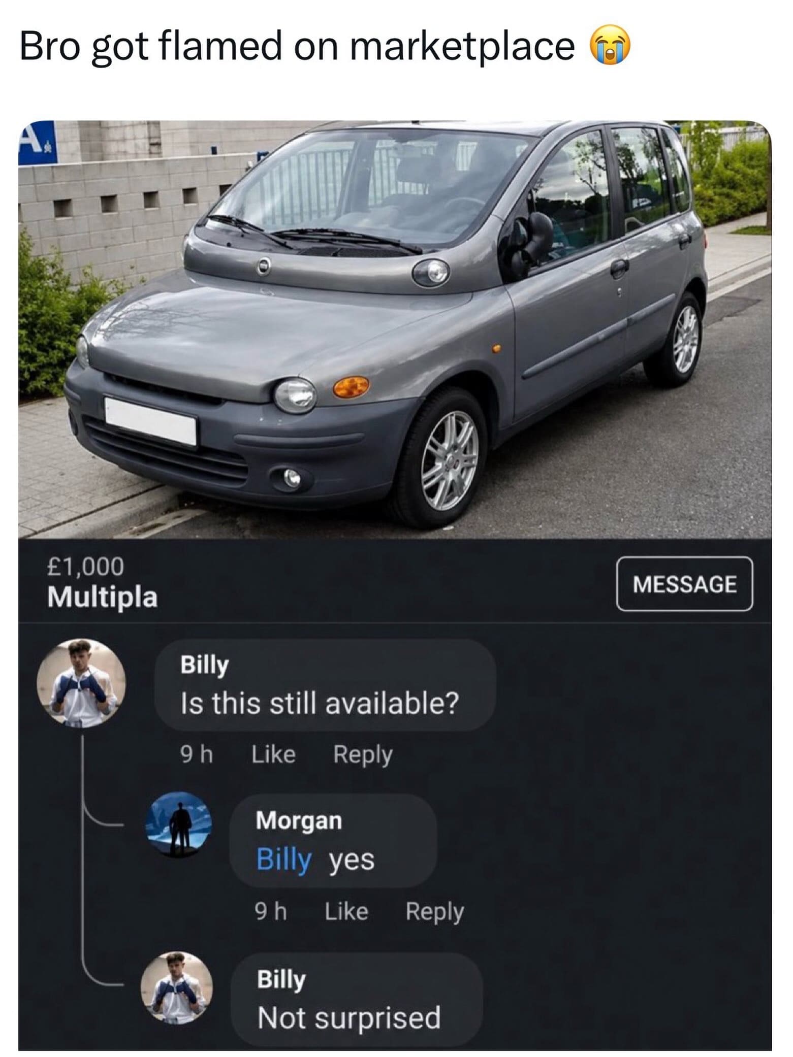 Facebook Marketplace listing for an ugly Fiat Multipla car getting brutally roasted in the comments, featured in a meme dump.