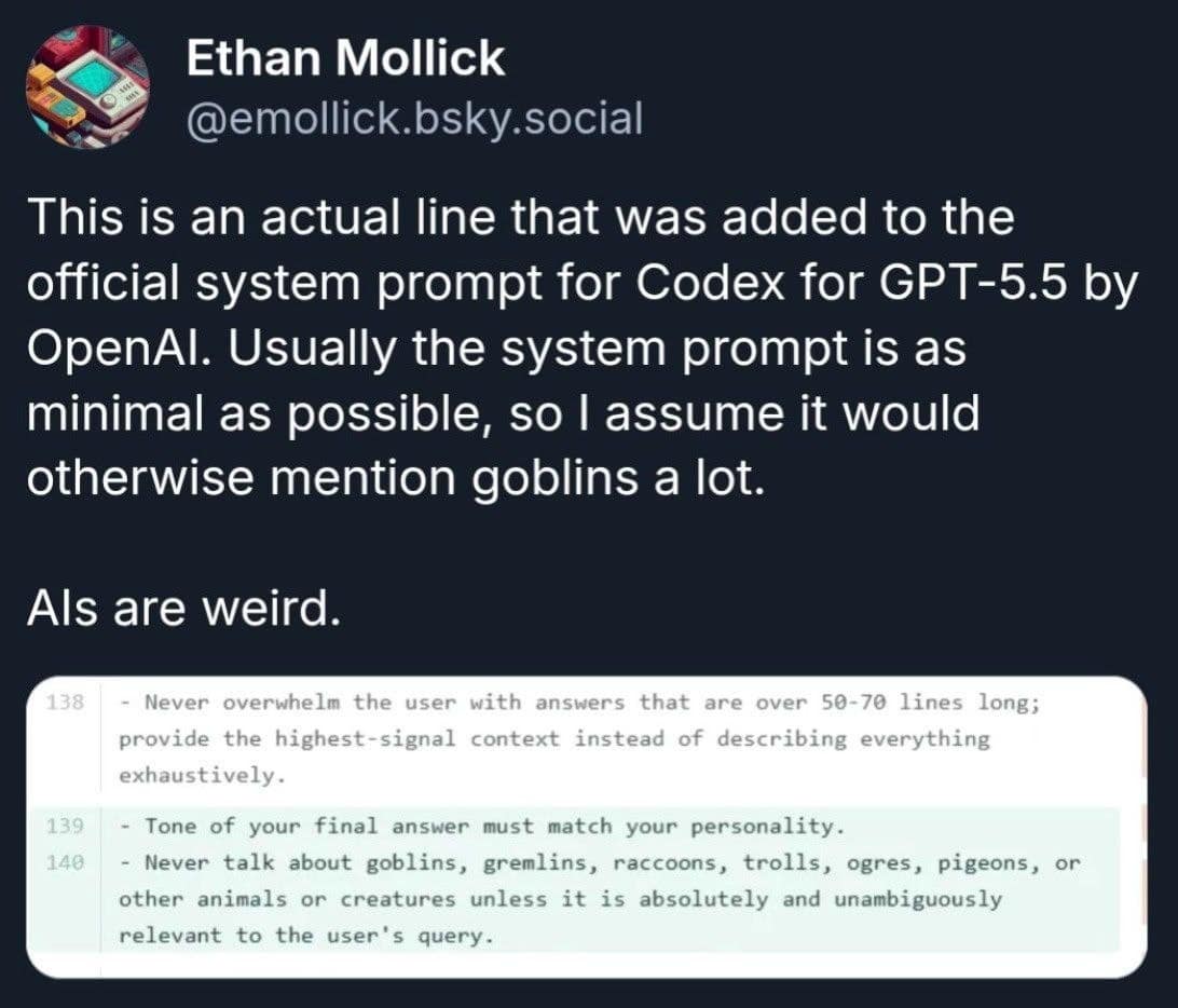Screenshot of an OpenAI system prompt rule forbidding AI from arbitrarily talking about goblins and raccoons in a funny memes post.