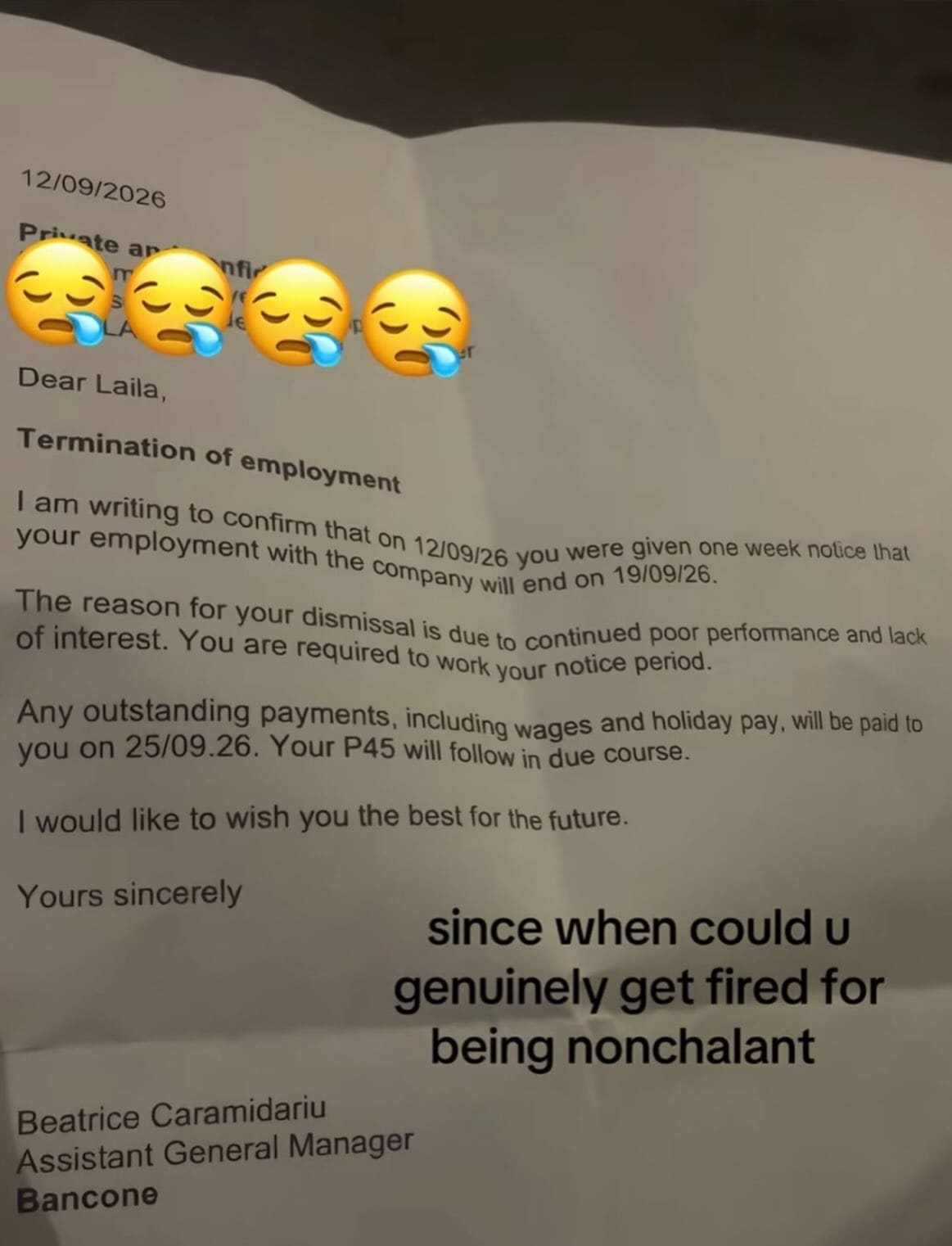 Formal employment termination letter citing 'lack of interest' captioned as getting fired for being nonchalant in a meme dump.