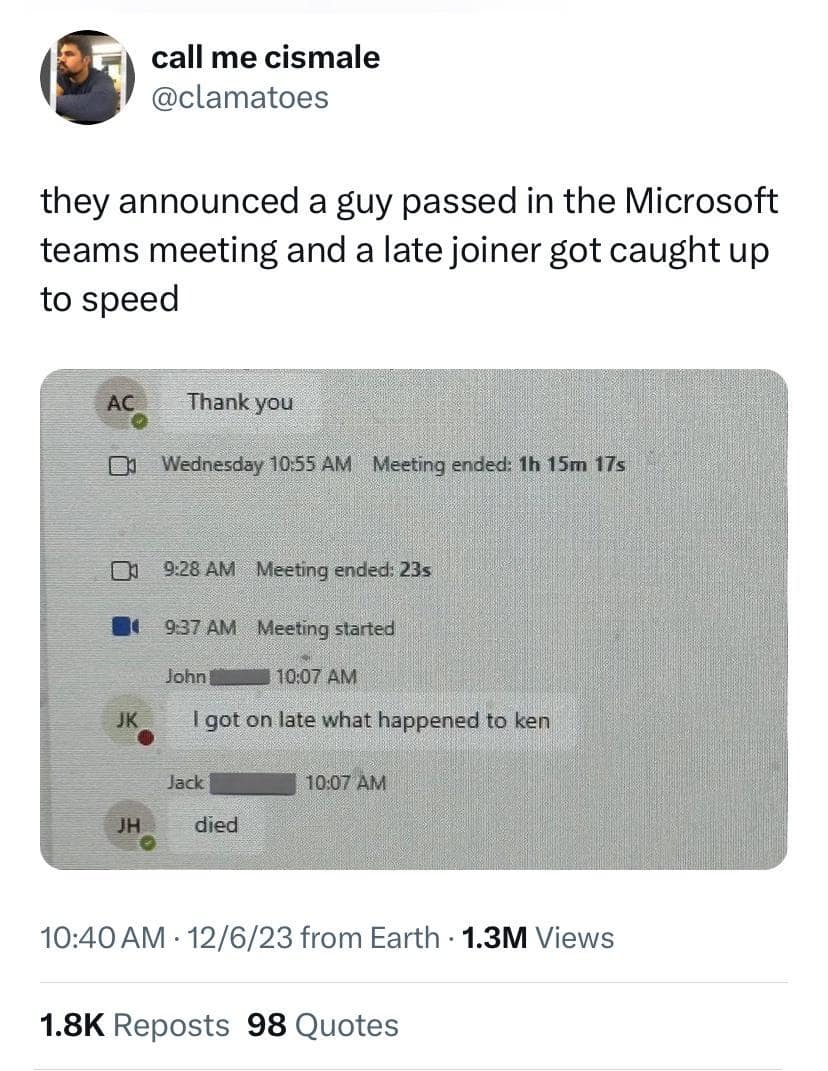 Microsoft Teams meeting chat screenshot showing a blunt two-word catch-up response 'died' to a late joiner in a meme dump.