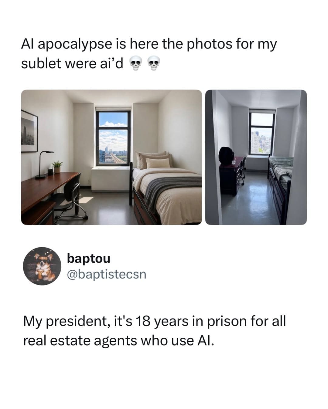 Side-by-side photo comparison of an AI-staged sublet room vs the real cramped apartment, calling for jail time for real estate agents in a funny memes post.