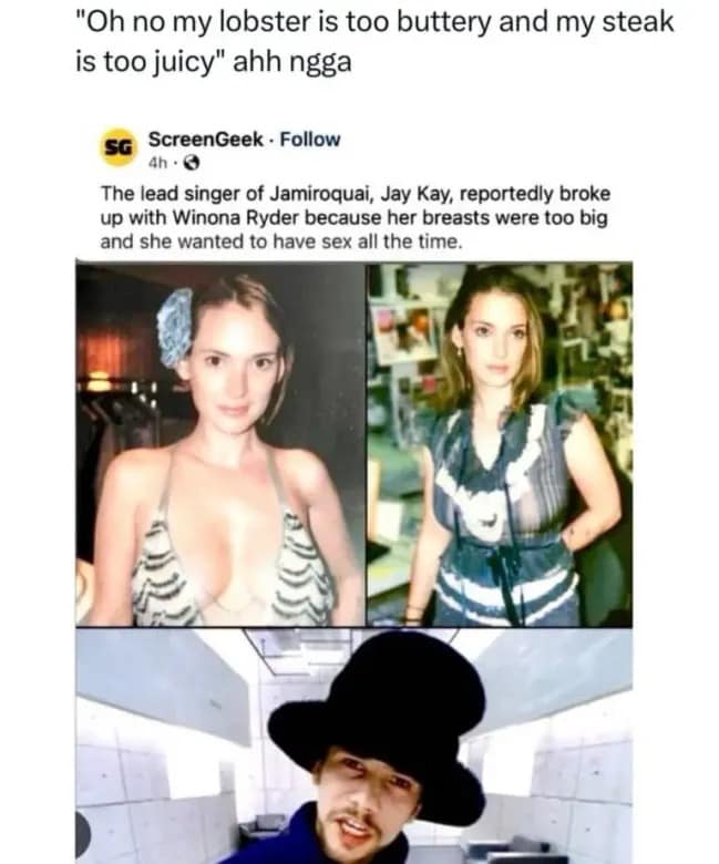 Pop culture news screenshot of Jay Kay breaking up with Winona Ryder paired with a sarcastic 'too much of a good thing' reaction in a hilarious memes post.
