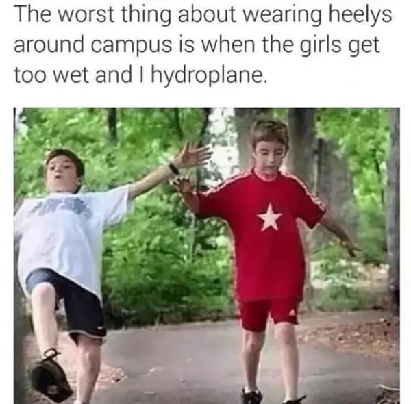 Two kids aggressively slipping on pavement captioned with a joke about hydroplaning on Heelys in a meme dump.