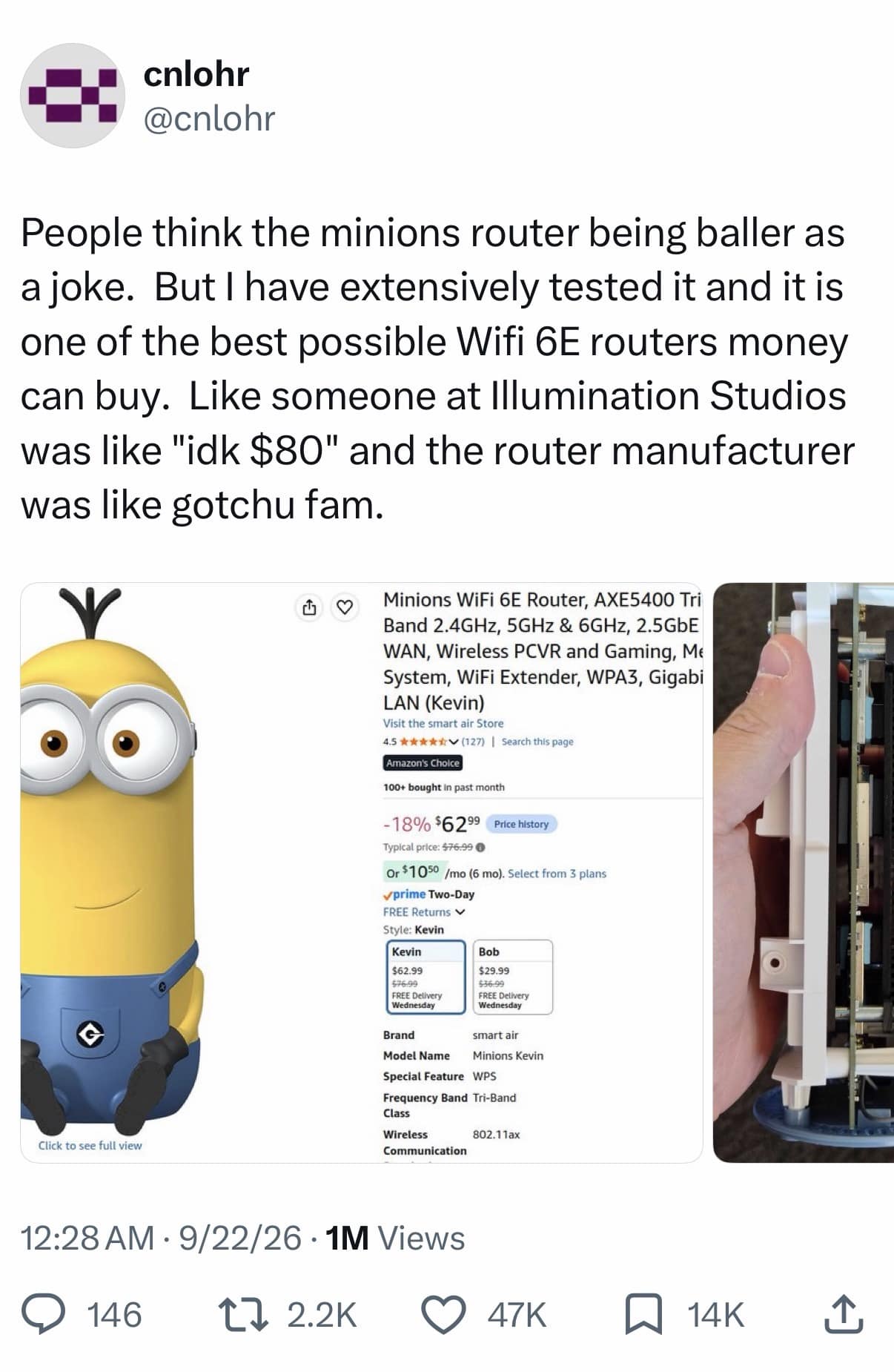 A meme dump tweet screenshot reviewing an $80 Minions-shaped Wi-Fi 6E router as an insanely powerful piece of networking hardware.