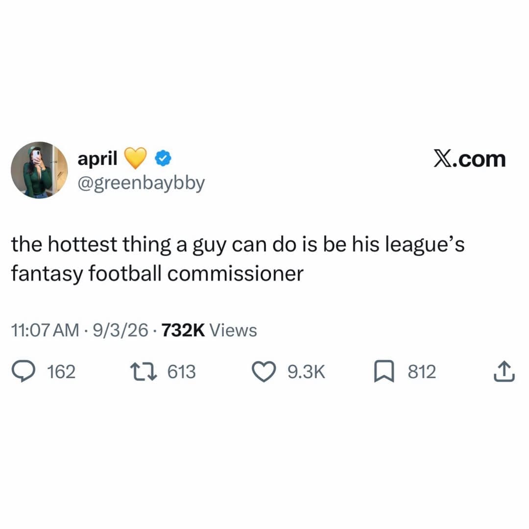Dark mode tweet claiming being a fantasy football league commissioner is the most attractive trait in a meme dump.