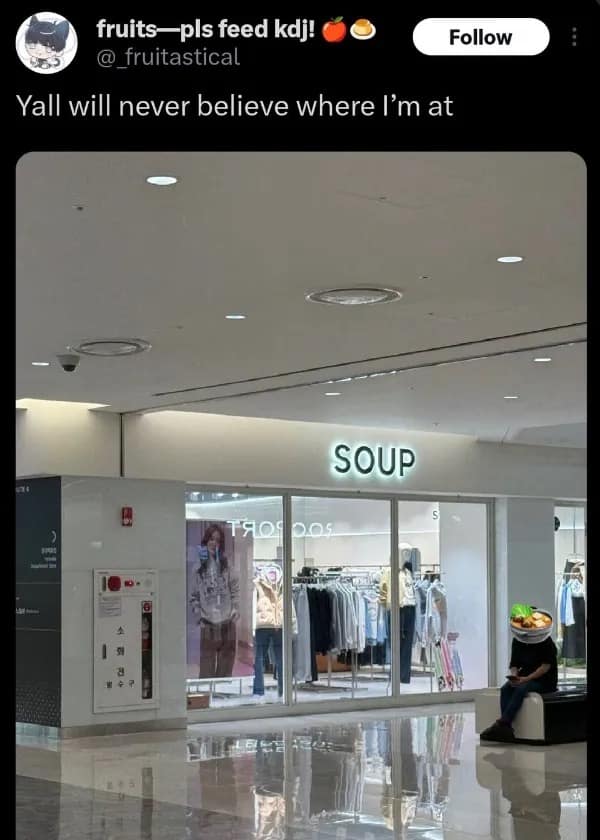 Photo of a clothing store in a shopping mall named SOUP with a customer waiting outside in a meme dump.