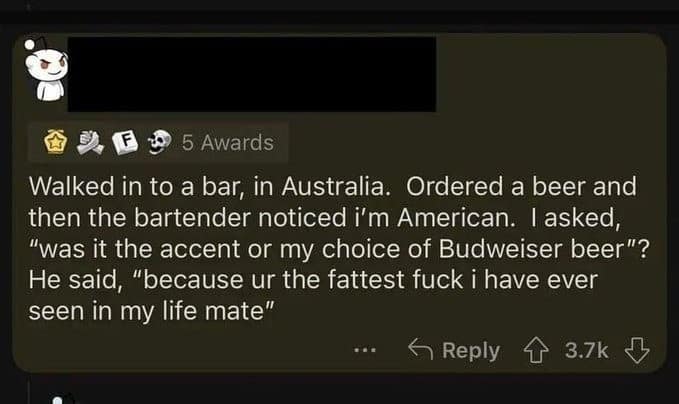 Reddit comment describing an Australian bartender bluntly roasting an American tourist at a pub in a meme dump.