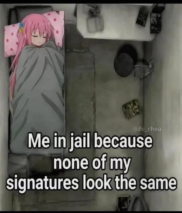 Top-down view of an anime character peacefully sleeping in a tiny concrete jail cell because her signatures never match in a meme dump.