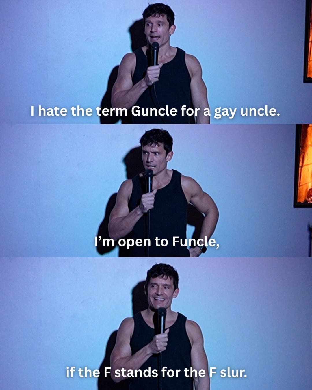 Stand-up comedian performing on stage delivering a dark joke about gay uncle terminology in a funny memes collection.