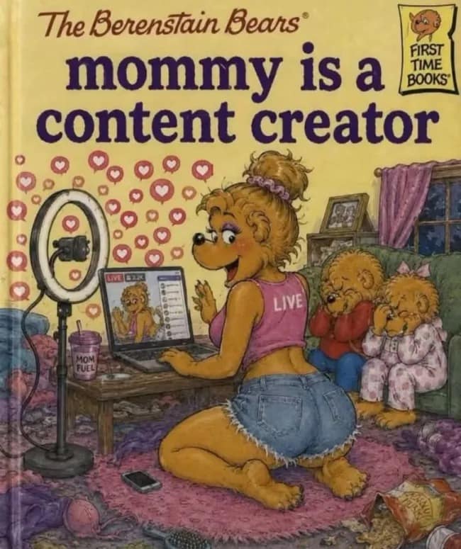 Cursed parody book cover of The Berenstain Bears titled 'mommy is a content creator' showing Mama Bear livestreaming in a funny memes edit.