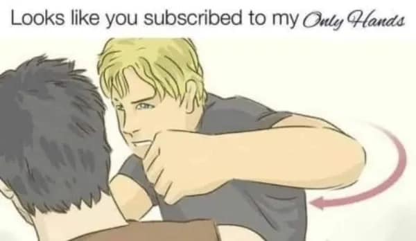 WikiHow illustration of a man winding up a punch labeled as an 'Only Hands' subscription notification in a meme dump.