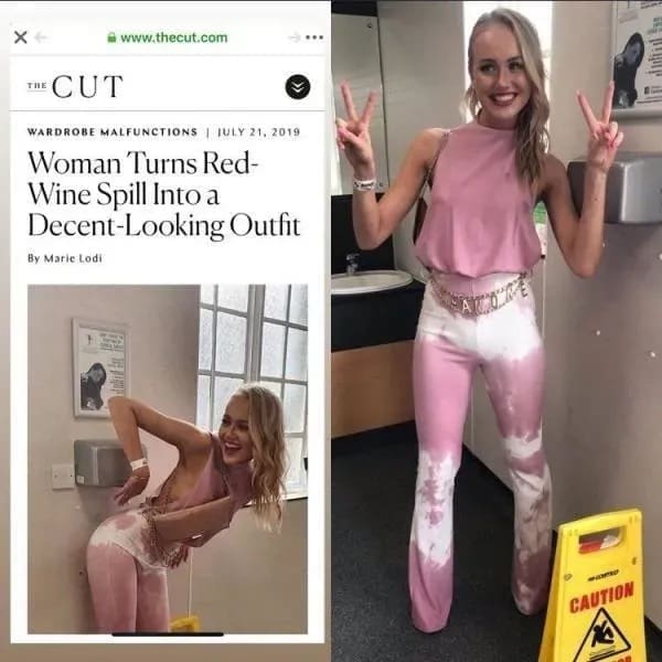 Article screenshot showing a woman who converted an accidental red wine spill into a tie-dye outfit in a meme dump.
