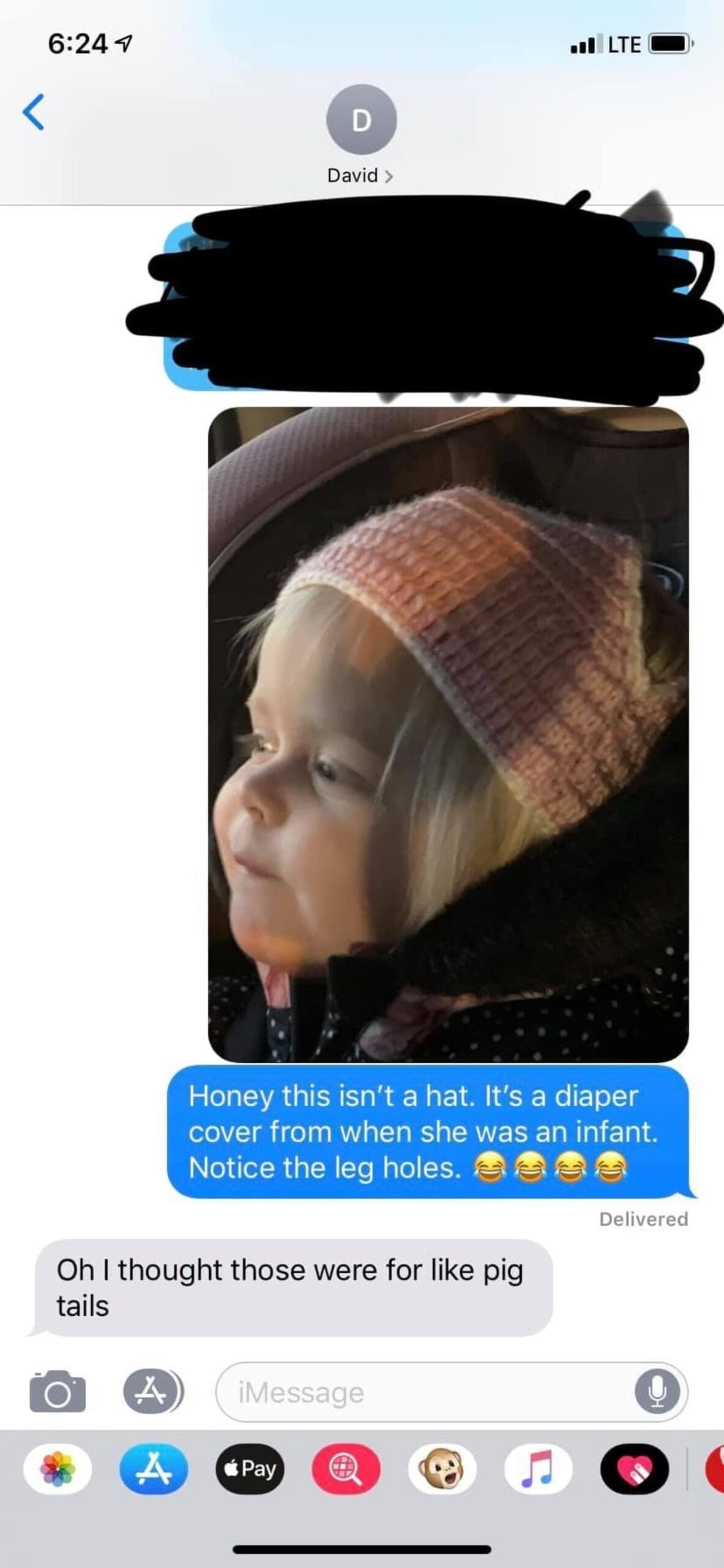 iMessage screenshot revealing a dad put an old infant diaper cover on a toddler as a beanie believing the leg holes were for pigtails in a meme dump.
