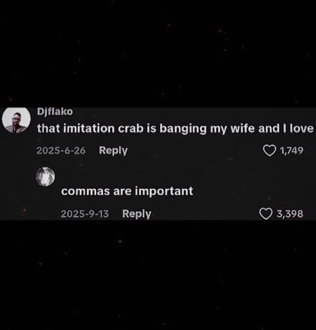 Social media comment screenshot where a missing comma accidentally turns a food review for imitation crab into a cuckold story in a funny memes post.