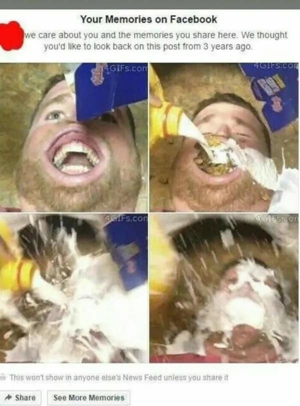 Four-panel Facebook memory showing a guy pouring milk and cereal directly into his gaping open mouth on the floor in a meme dump.
