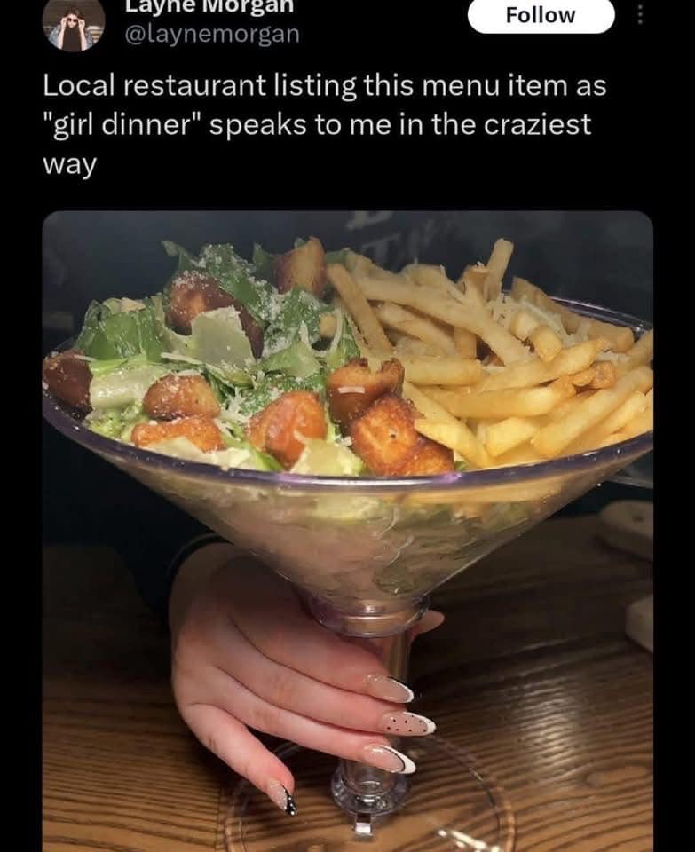 A meme dump photo of a giant oversized martini glass served filled with Caesar salad and crispy french fries.