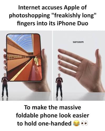 Mock news article accusing tech manufacturers of photoshopping elongated alien fingers onto hand models in a meme dump.