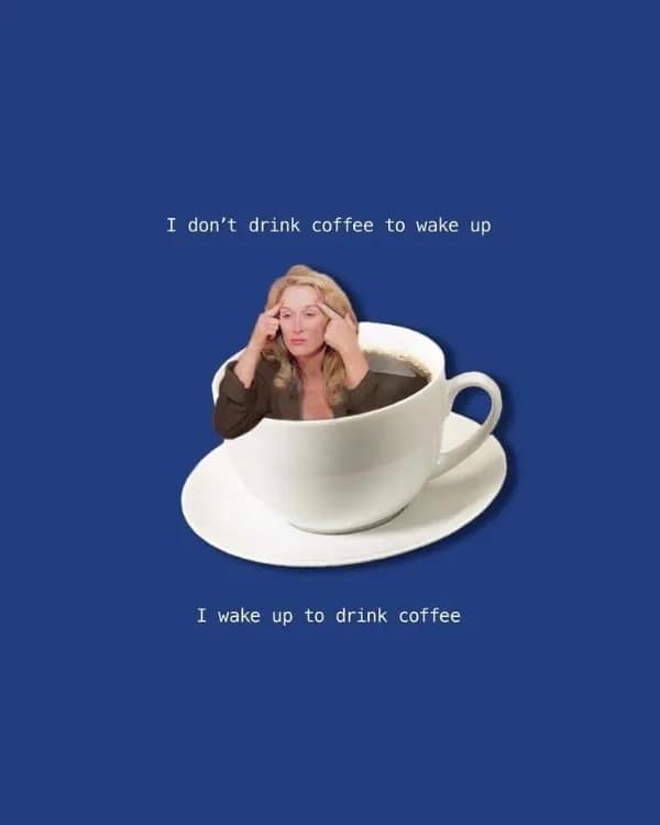 Graphic of Meryl Streep floating inside a giant coffee cup declaring she wakes up just to drink coffee in a hilarious memes graphic.