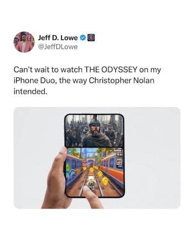 Tweet showing a dual-screen foldable phone playing a cinematic film alongside Subway Surfers gameplay in a meme dump.
