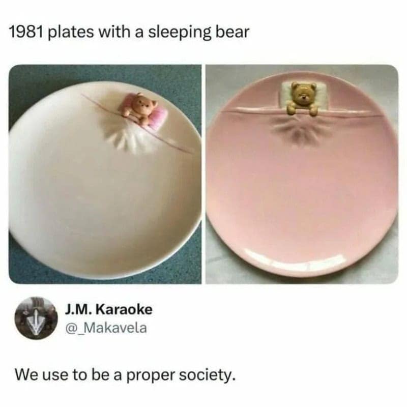 Vintage 1981 ceramic plates with a 3D sleeping teddy bear tucked under a blanket, praised for lost craftsmanship in a funny memes post.