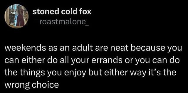 Tweet explaining the adult weekend paradox where choosing either productive errands or personal leisure is always the wrong decision in a meme dump.