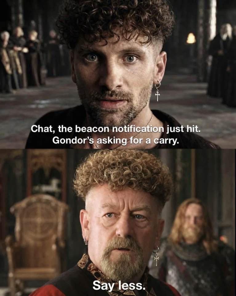 Lord of the Rings movie screenshot edited with Gen Z broccoli hair and stream-talk captions about Gondor's beacon in a meme dump.
