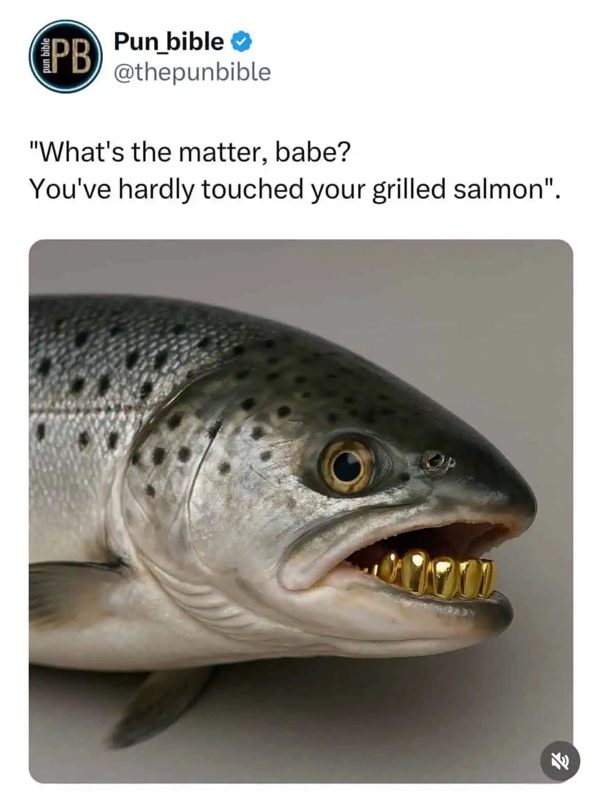 Close-up photo of a salmon wearing shiny gold grill teeth as a punny funny memes joke about grilled salmon.