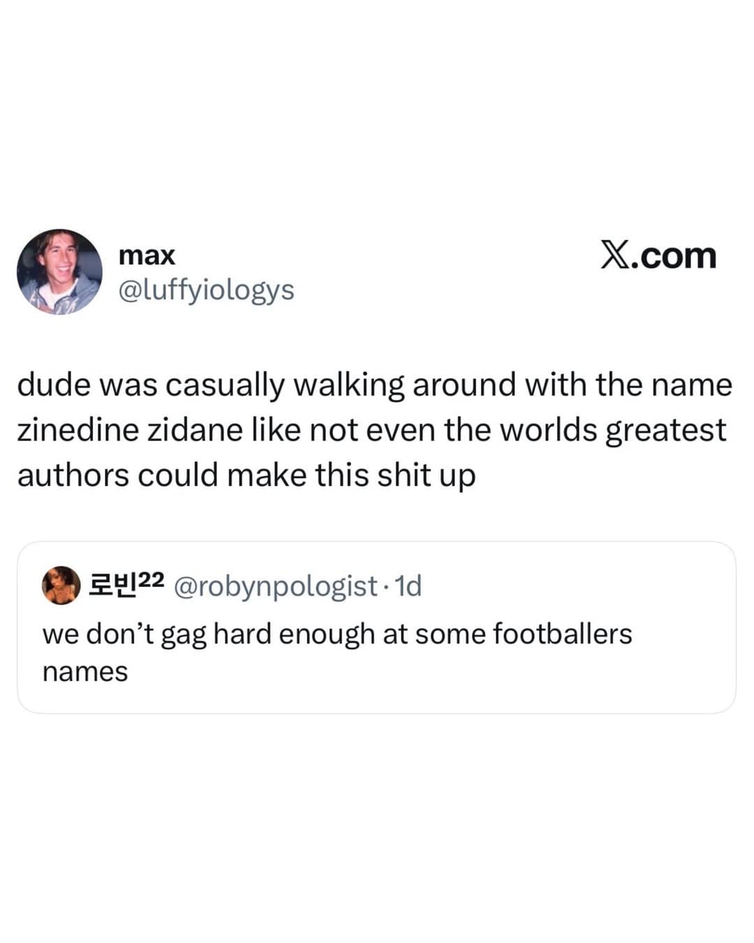 Quote tweet marveling at legendary football player Zinedine Zidane's iconic name, featured in a hilarious memes selection.