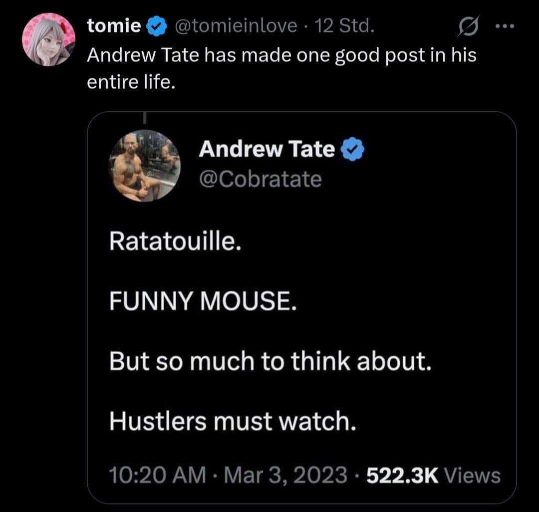 Tweet calling an absurd Andrew Tate post about Ratatouille being essential viewing for hustlers the best post in a meme dump.