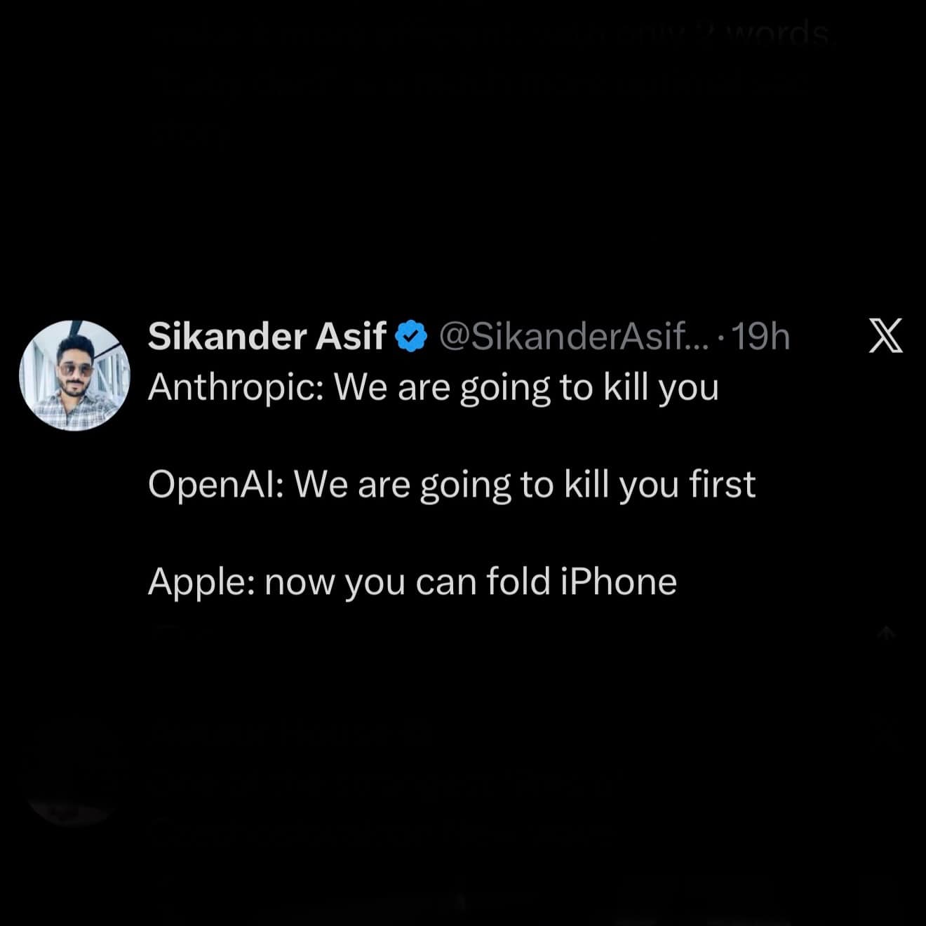A meme dump tweet screenshot contrasting dark AI existential threats from Anthropic and OpenAI against Apple releasing a foldable iPhone.