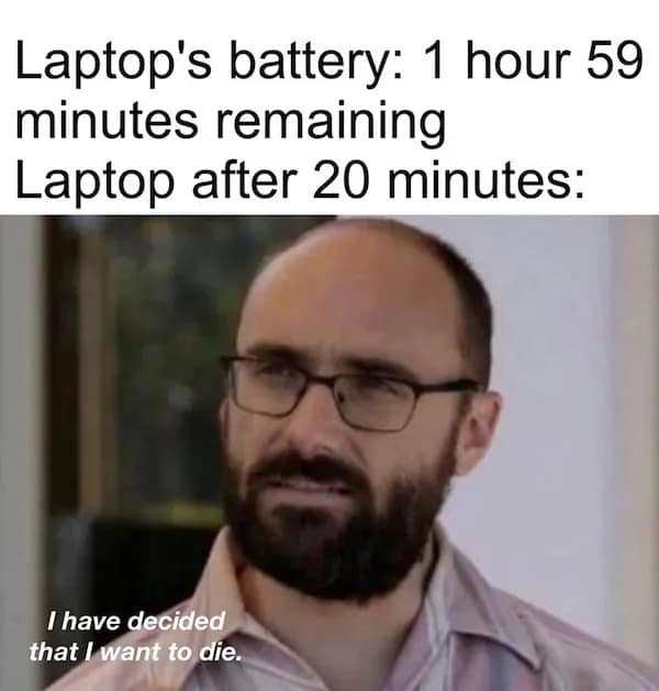 Vsauce Michael Stevens meme template reacting to laptop battery life collapsing after 20 minutes in a hilarious memes dump.
