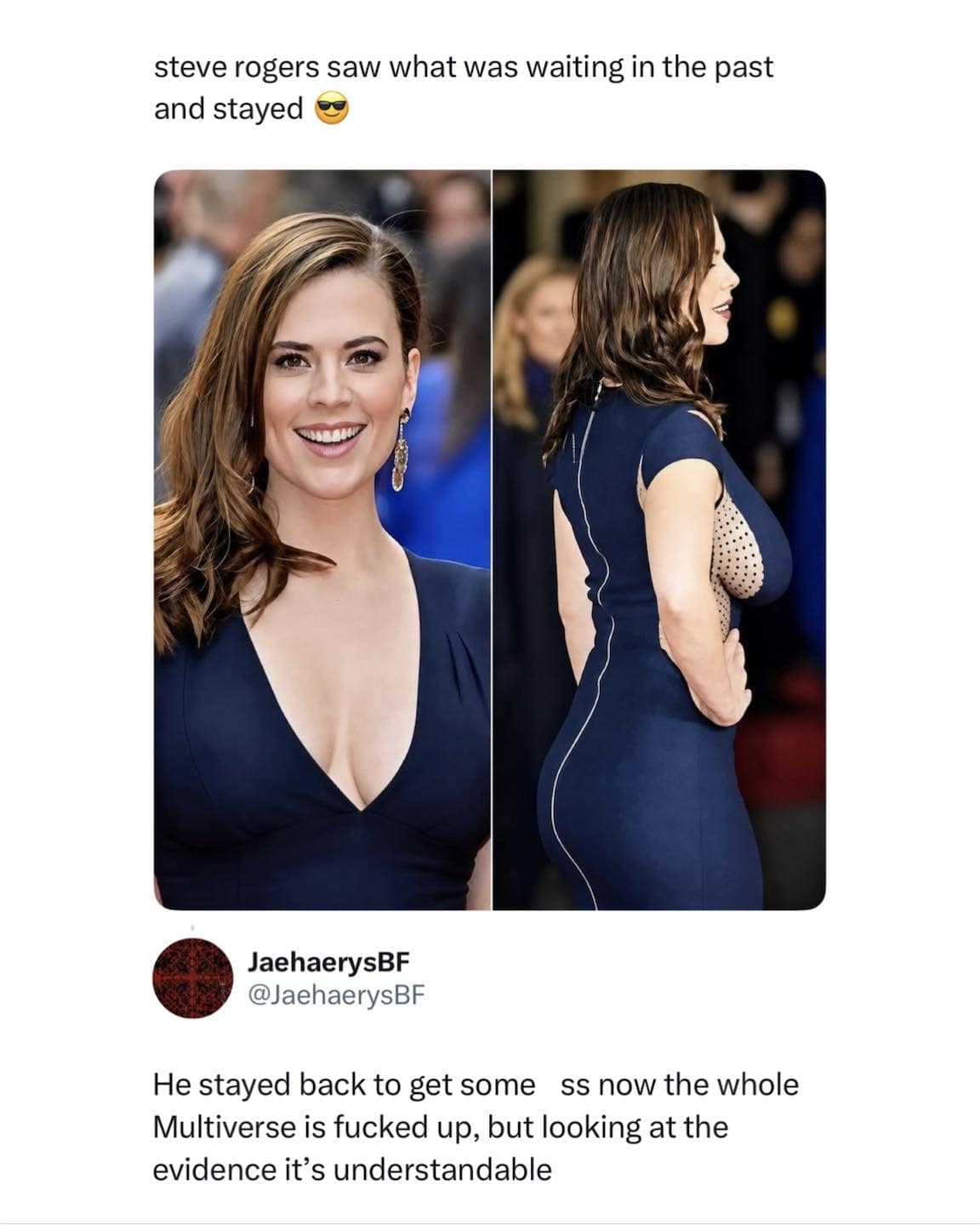 Photo of Hayley Atwell paired with a tweet joking about Captain America ruining the multiverse timeline for love in a funny memes post.