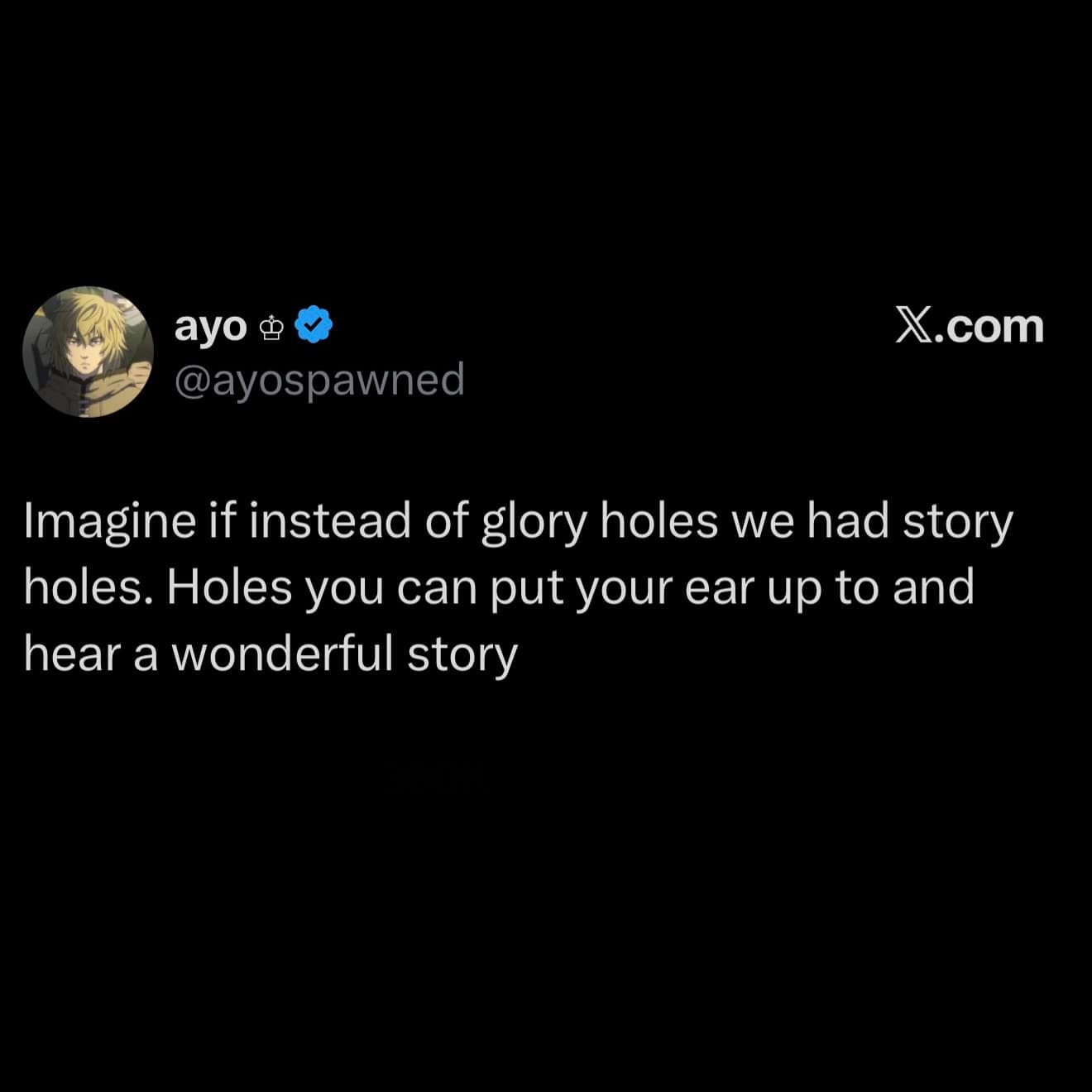Dark mode tweet proposing 'story holes' as wholesome audiobook-style alternatives in a meme dump.