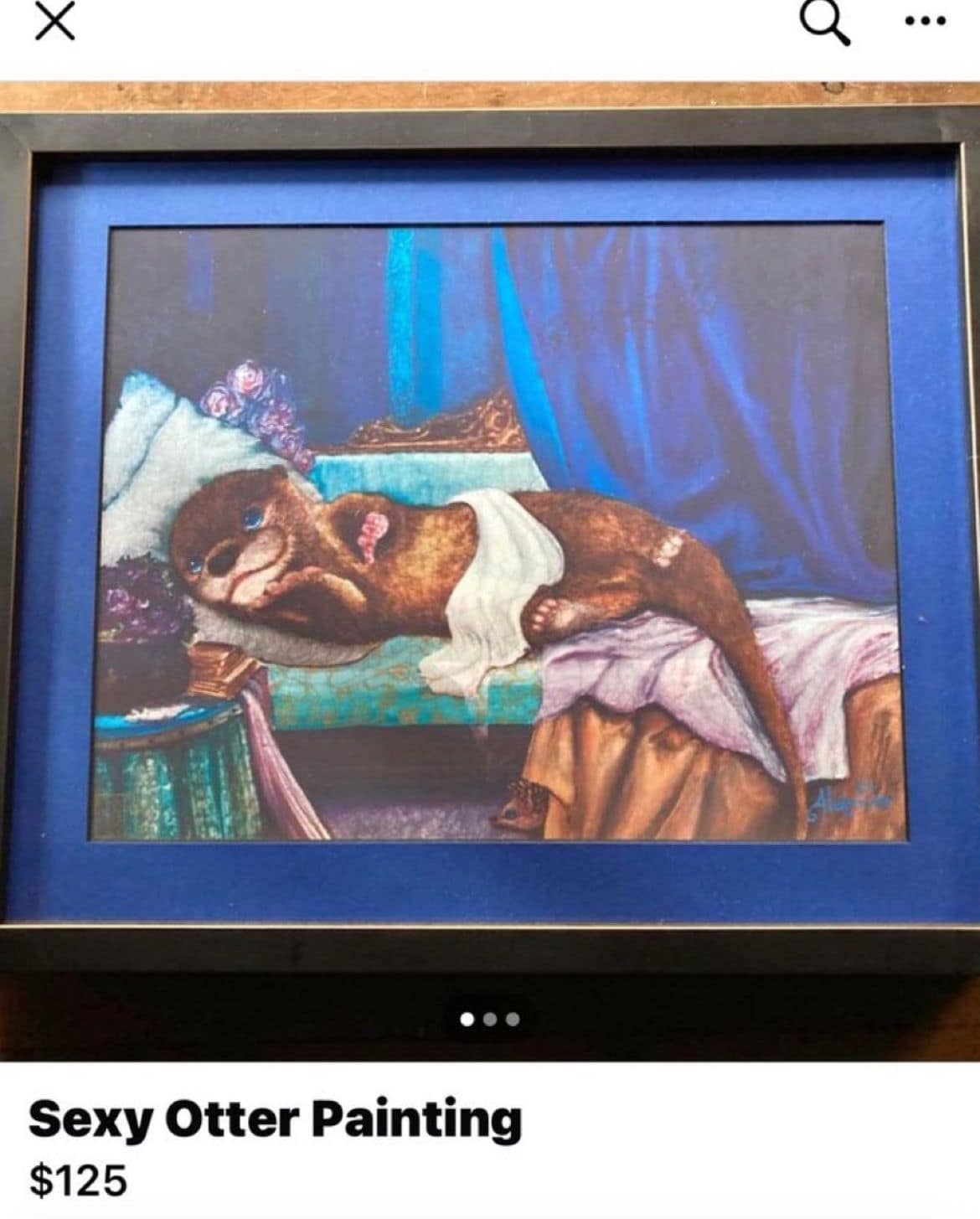 Facebook Marketplace screenshot selling a $125 'Sexy Otter Painting' depicting an otter posing seductively on a chaise lounge in a meme dump.