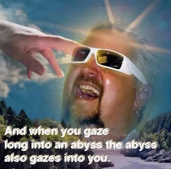 Guy Fieri in white sunglasses superimposed over scenic mountains with a Nietzsche abyss quote in a meme dump.