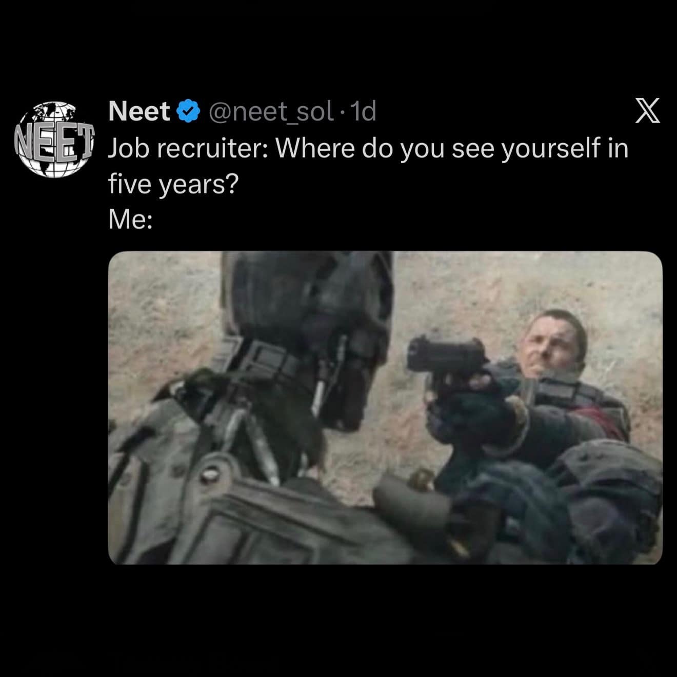 A meme dump tweet asking where you see yourself in five years paired with Christian Bale fighting killer robots in Terminator Salvation.