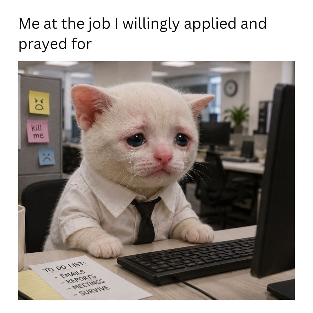 Crying kitten dressed in a shirt and tie overwhelmed at an office computer desk in a funny memes image.
