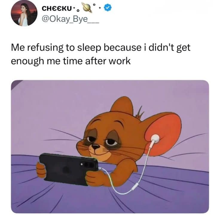 Exhausted Jerry the Mouse in bed with earbuds watching his phone, illustrating revenge bedtime procrastination in a meme dump.
