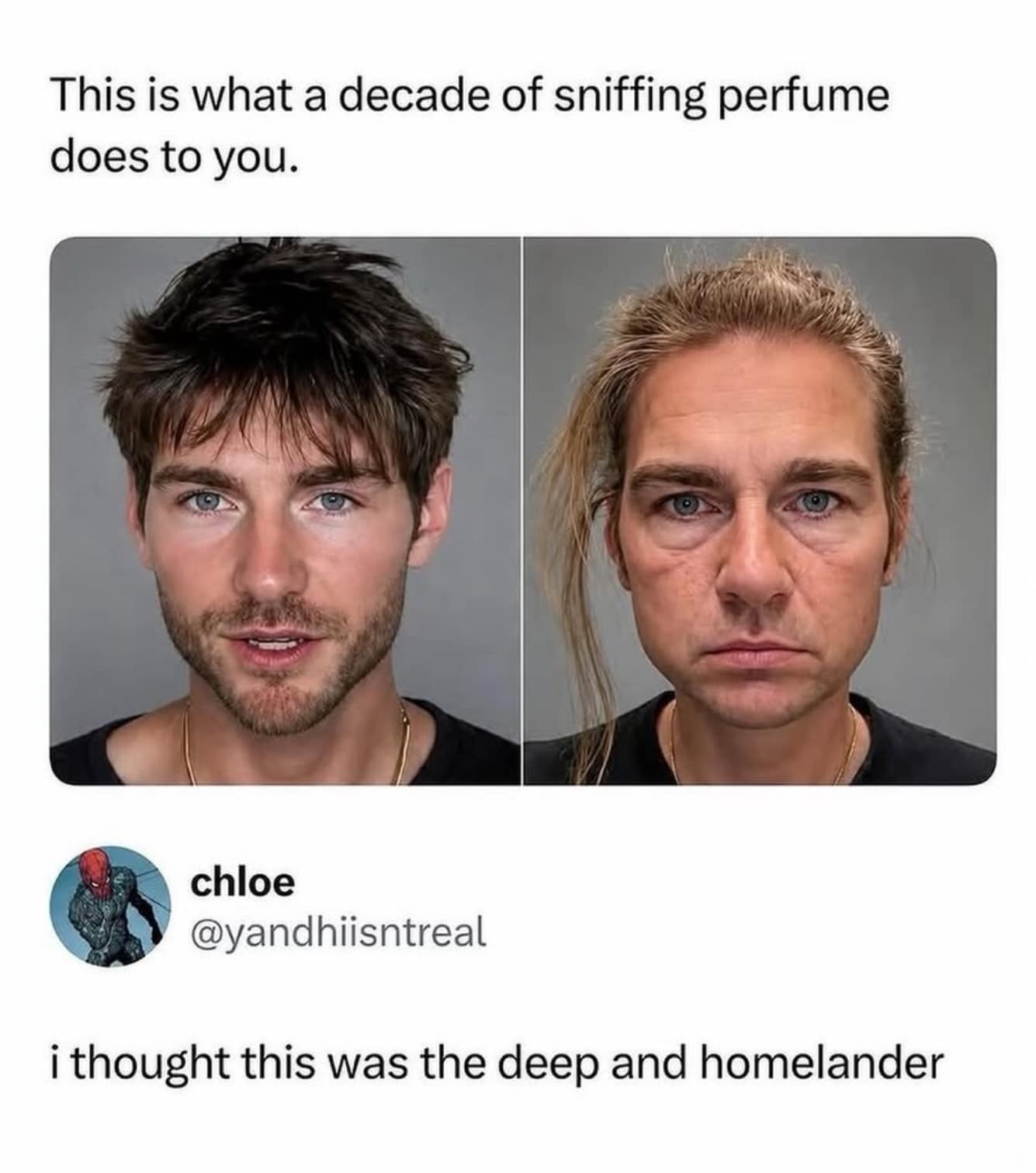 Side-by-side photo comparison of a perfume taster's aging transformation mistaken for characters from The Boys in a funny memes post.