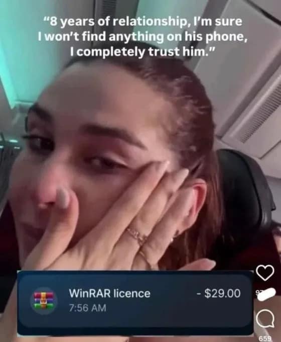 Crying woman discovers a WinRAR license purchase notification on her partner's phone in a meme dump.