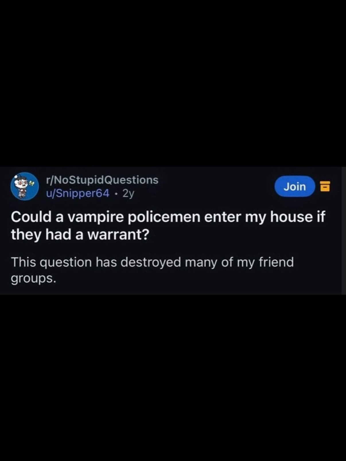 Reddit post pondering whether vampire police officers can legally enter homes with a search warrant in a meme dump.