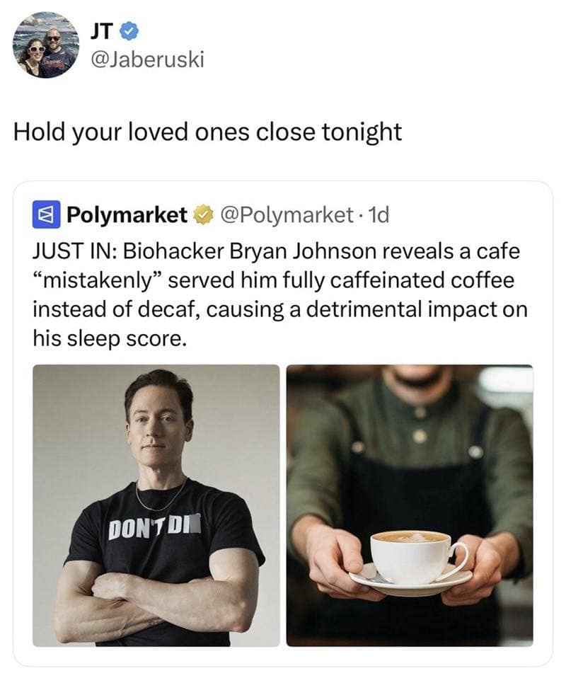News report screenshot of biohacker Bryan Johnson accidentally drinking caffeinated coffee paired with a dramatic tweet in a funny memes gallery.