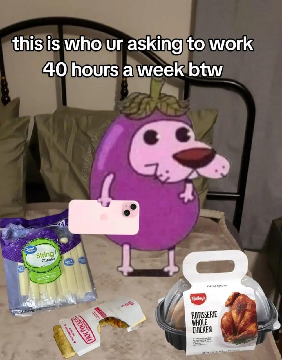 A meme dump surreal image of Courage the Cowardly Dog as an eggplant creature lounging in bed with a whole rotisserie chicken, Hot Pockets, and string cheese.