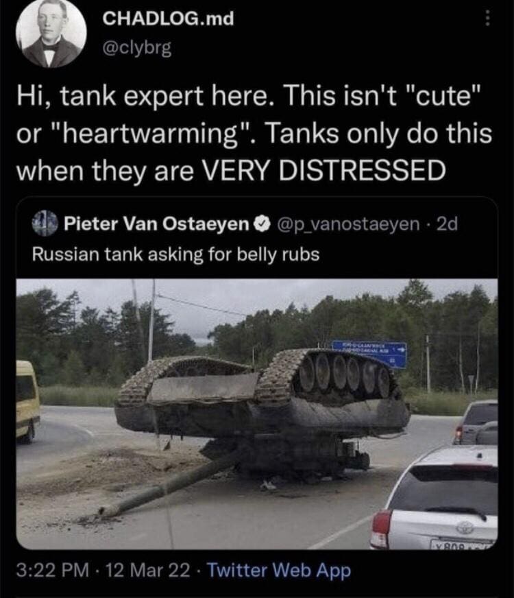 Tweet thread treating an overturned highway tank like a distressed pet asking for belly rubs in a meme dump.