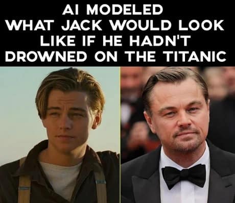 Joke meme comparing young Leonardo DiCaprio in Titanic to present-day Leonardo DiCaprio as an 'AI aging model' in a meme dump.