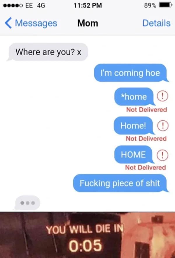 Text message typo calling Mom a 'hoe' followed by failed corrections and a 'YOU WILL DIE IN 0:05' game screen in a meme dump.