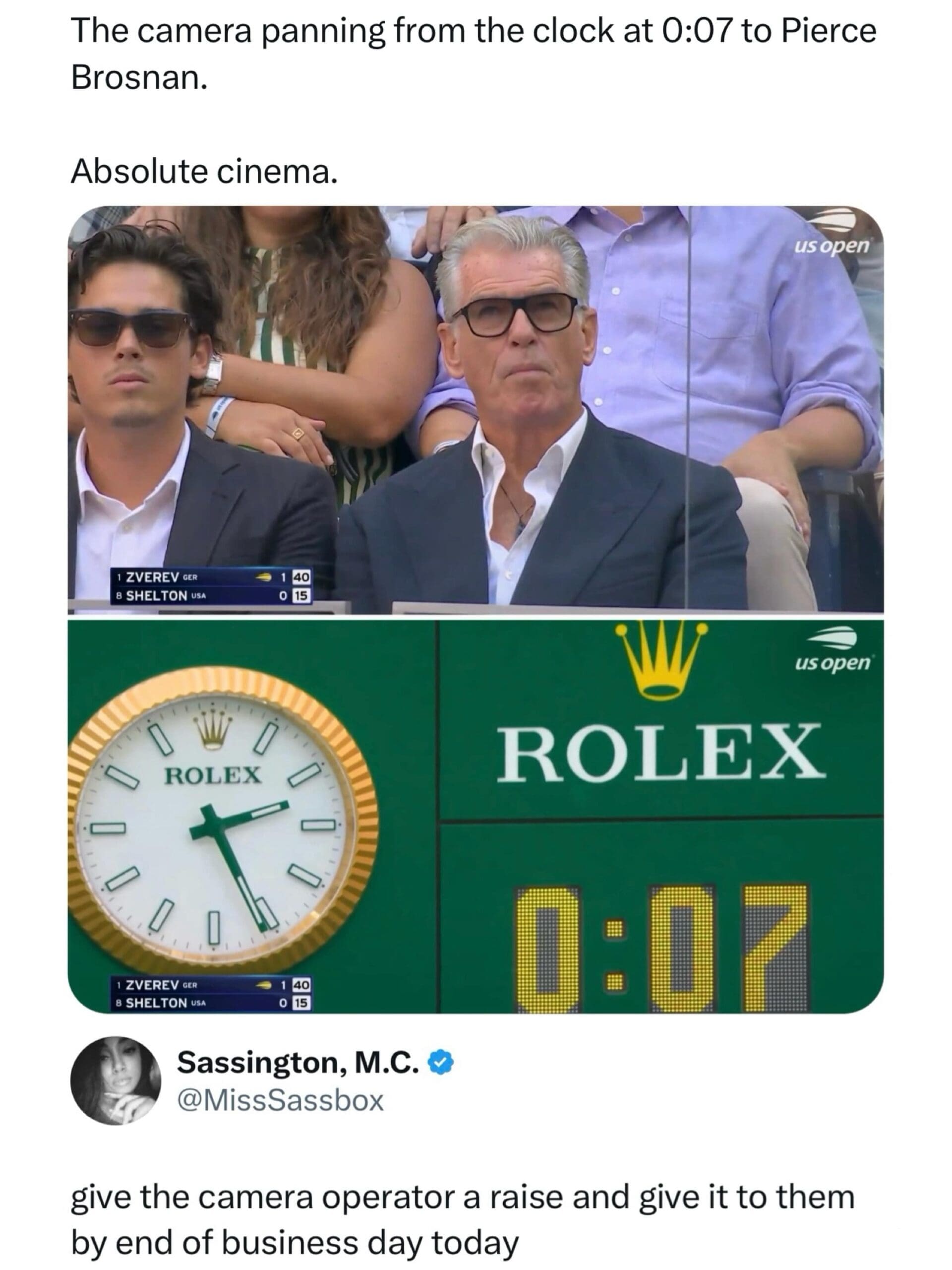 TV broadcast moment from the US Open panning from a 0:07 clock to James Bond actor Pierce Brosnan in a funny memes screenshot.