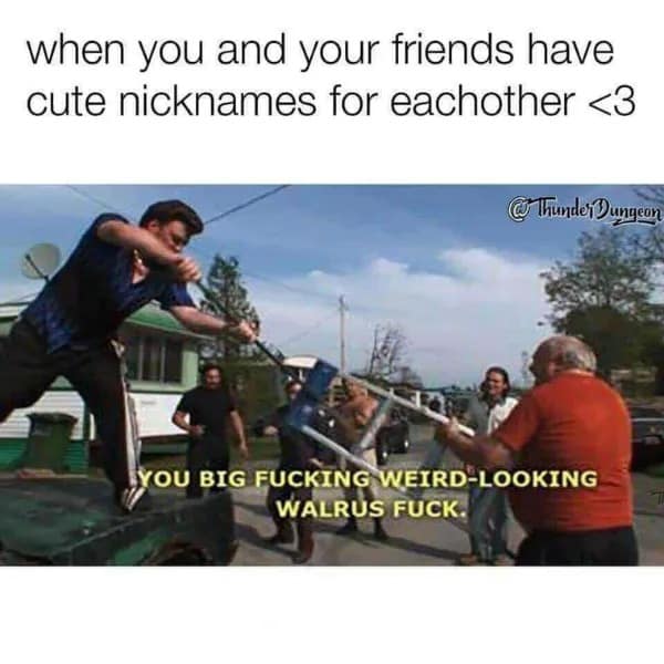 Trailer Park Boys fight scene captioned as using affectionate nicknames between close friends in a meme dump.