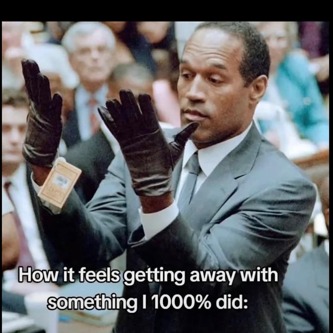 A meme dump photo of OJ Simpson trying on trial gloves overlaid with text about getting away with something you obviously did.